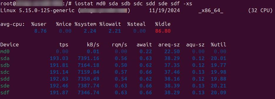 iostat report using the arguments -x for extended statistics and -s for short output, providing detailed storage performance data.