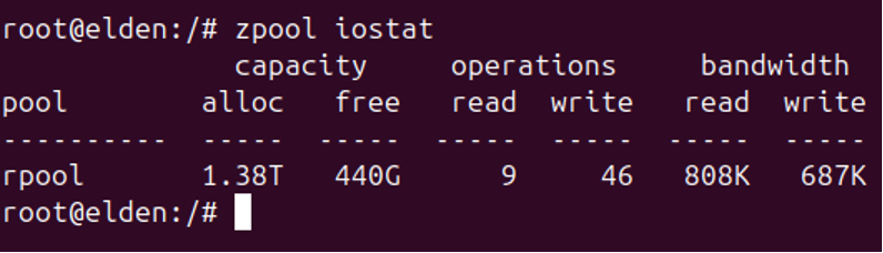 zpool iostat report presenting iostat data organized by ZFS pool, helping to identify storage bottlenecks and performance issues.