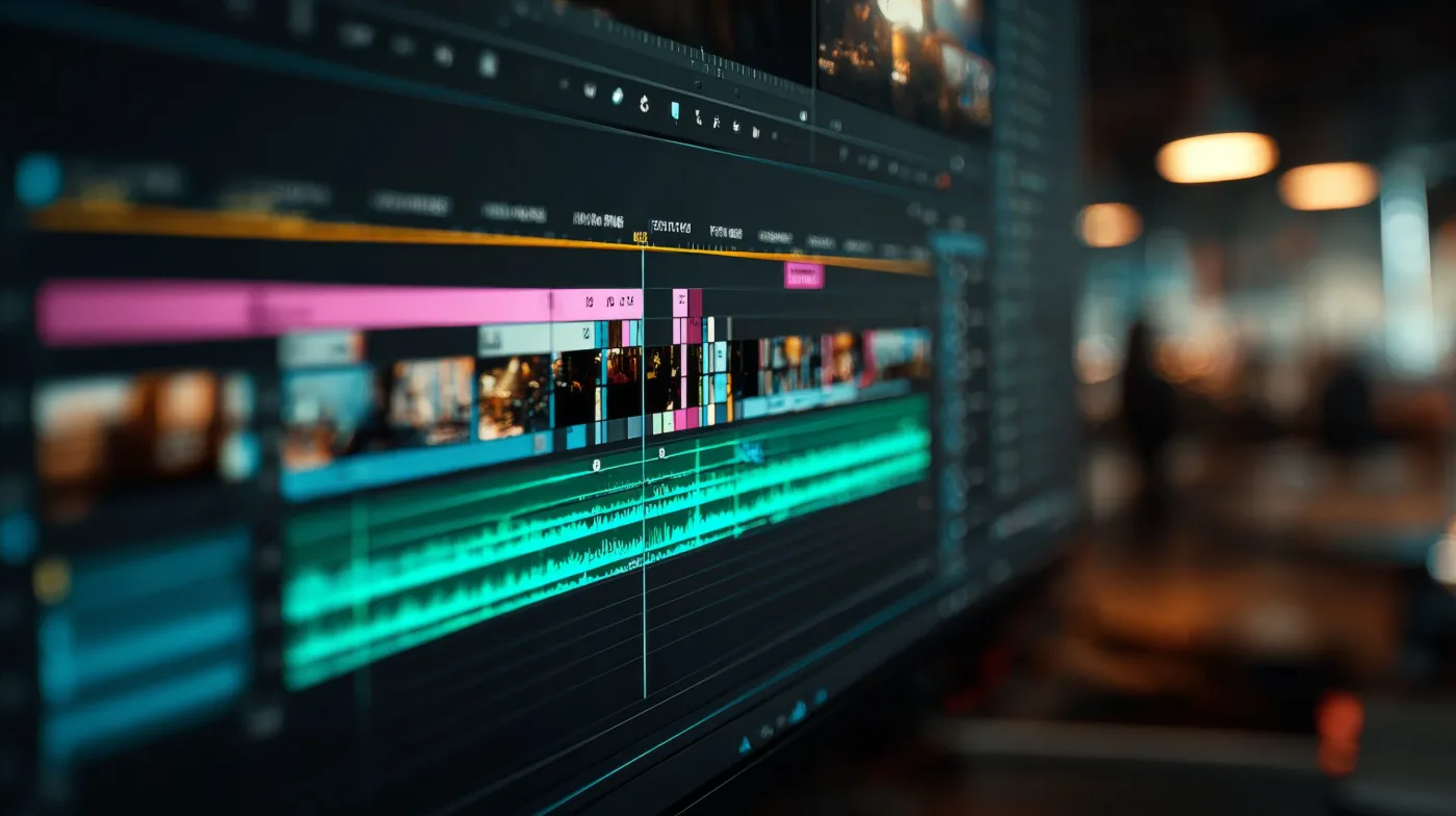 Video editing timeline with clips and audio waveforms on a monitor in an edit suite