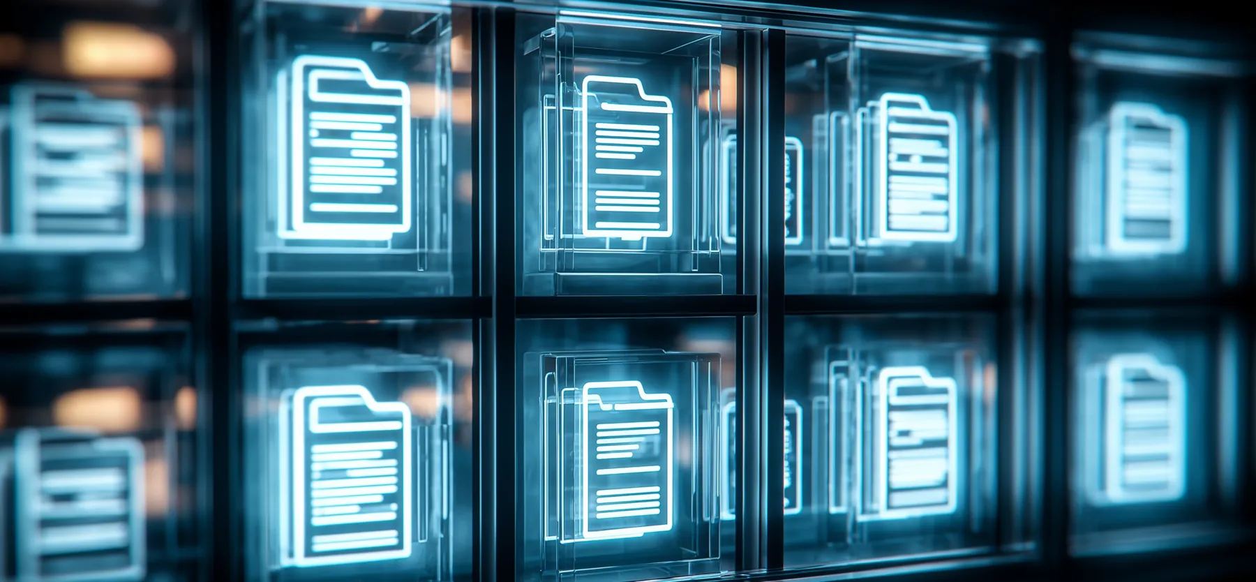 Glowing document icons held in rows of separate glass compartments